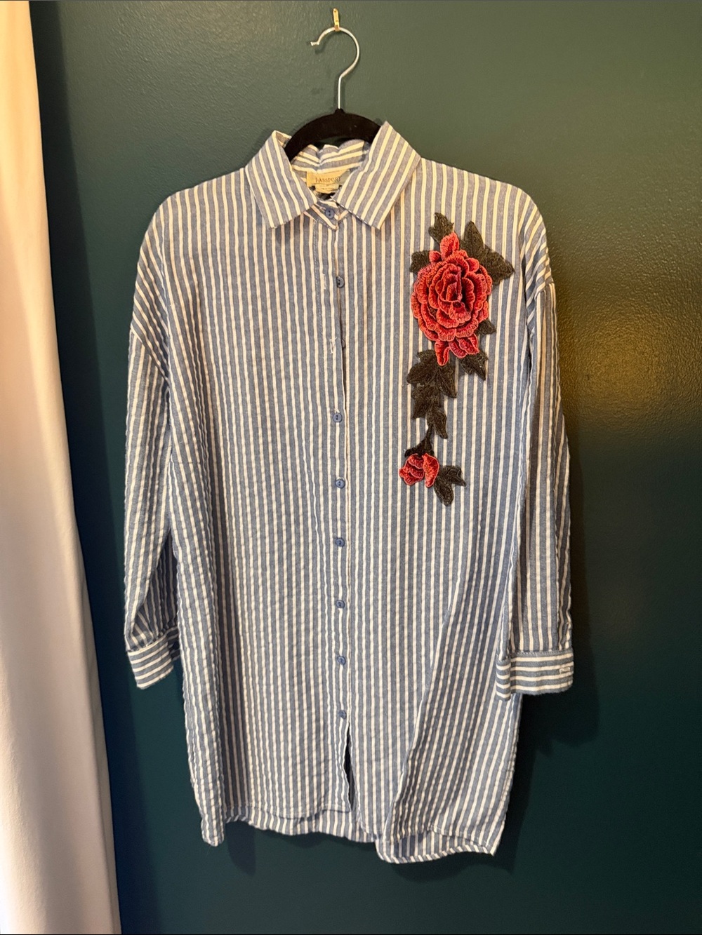 Passport Blue & White Striped Button-Down Shirt with Rose Patch